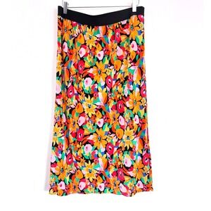 Papaya Multi-Color Floral Print Accordion Pleated Midi Skirt with Elastic Waist